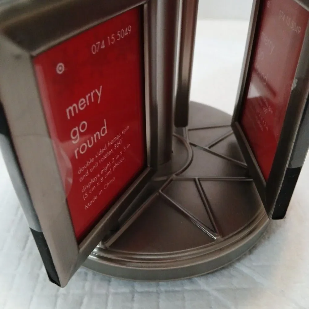 VTG Merry Go Round Double Sided Frame Spin & Unit 360° 2×3 Photos Metal Pewter